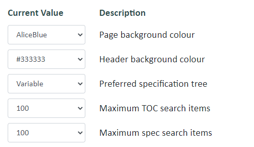 Screenshot of user preferences drop-down selectors